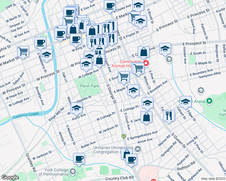 map of restaurants, bars, coffee shops, grocery stores, and more near 12 East Maple Street in York