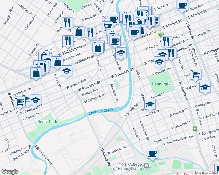 map of restaurants, bars, coffee shops, grocery stores, and more near 150 Mill Lane in York