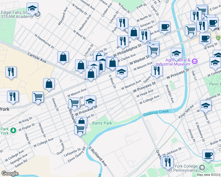 map of restaurants, bars, coffee shops, grocery stores, and more near 609 West Poplar Street in York
