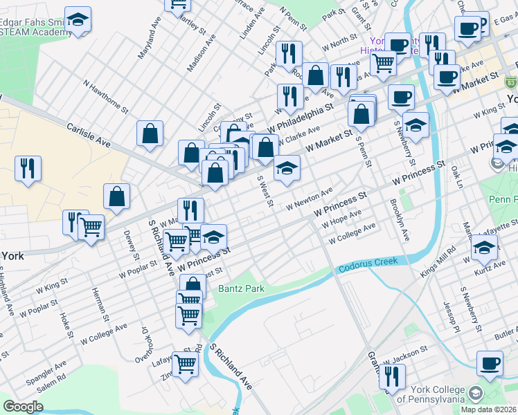 map of restaurants, bars, coffee shops, grocery stores, and more near 609 West Poplar Street in York