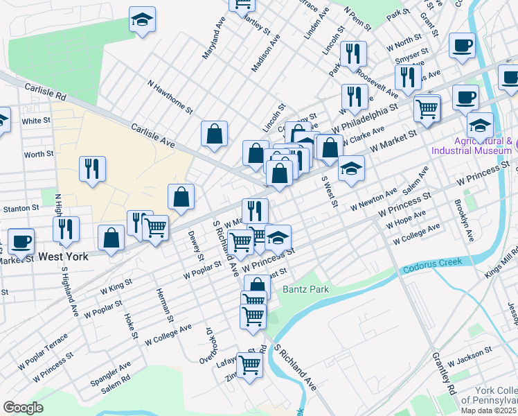 map of restaurants, bars, coffee shops, grocery stores, and more near 808 West Mason Avenue in York