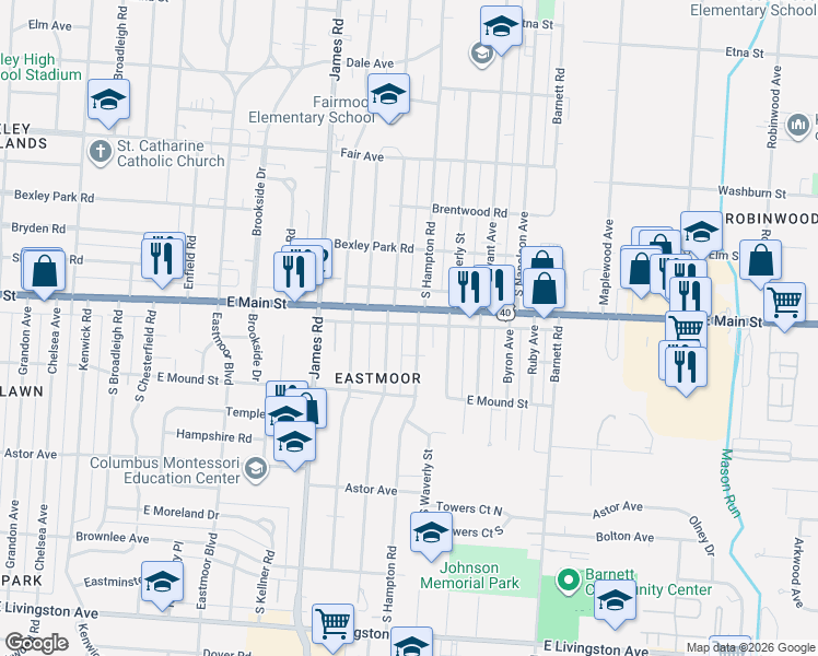 map of restaurants, bars, coffee shops, grocery stores, and more near 787 South Hampton Road in Columbus