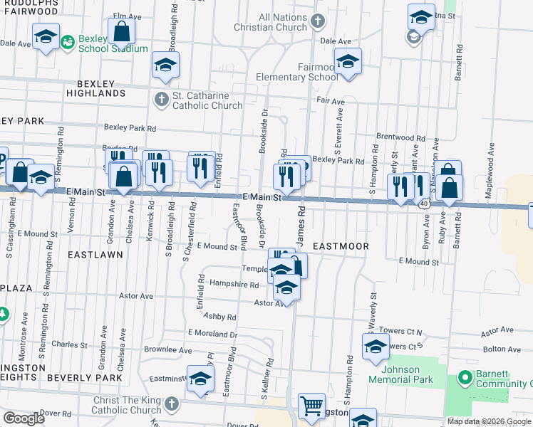 map of restaurants, bars, coffee shops, grocery stores, and more near 758 Brookside Drive in Columbus