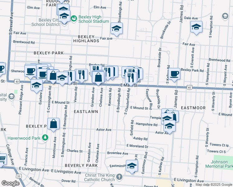map of restaurants, bars, coffee shops, grocery stores, and more near 733 South Broadleigh Road in Columbus