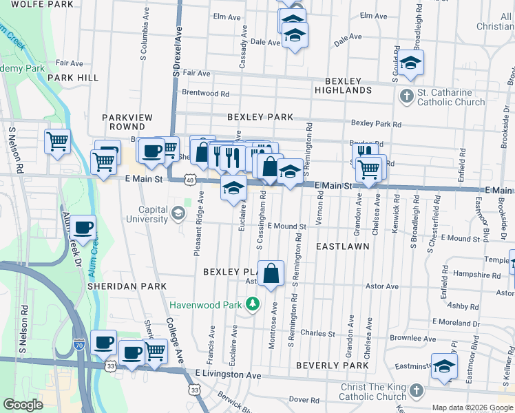 map of restaurants, bars, coffee shops, grocery stores, and more near 684 South Cassingham Road in Columbus