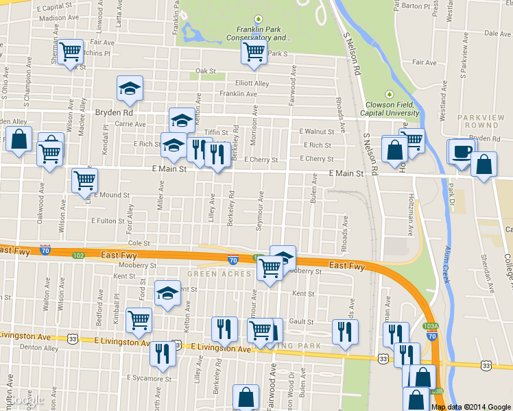 map of restaurants, bars, coffee shops, grocery stores, and more near 566 Seymour Avenue in Columbus