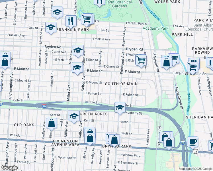map of restaurants, bars, coffee shops, grocery stores, and more near 566 Seymour Avenue in Columbus