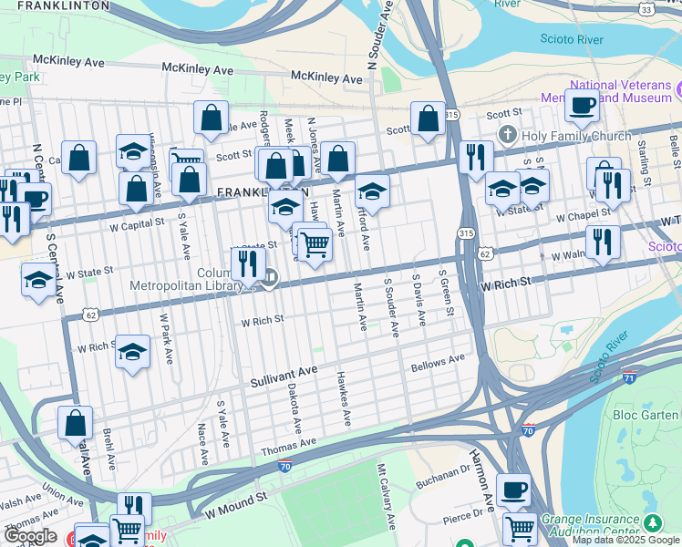 map of restaurants, bars, coffee shops, grocery stores, and more near 935 West Town Street in Columbus