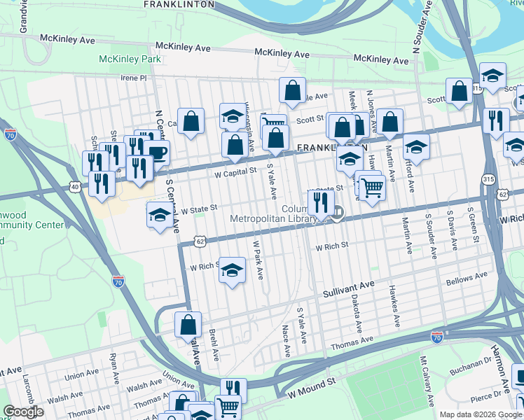 map of restaurants, bars, coffee shops, grocery stores, and more near 140 West Park Avenue in Columbus