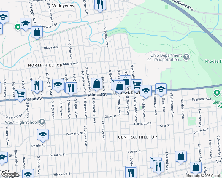 map of restaurants, bars, coffee shops, grocery stores, and more near 2434 West Broad Street in Columbus
