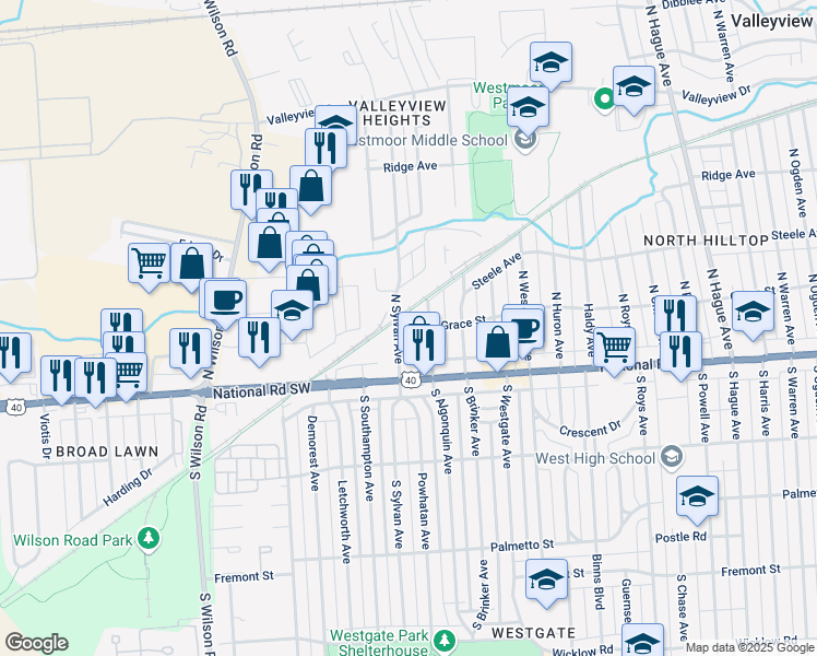 map of restaurants, bars, coffee shops, grocery stores, and more near 58 North Sylvan Avenue in Columbus