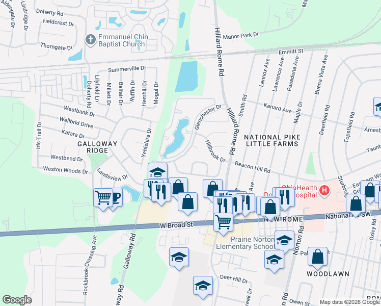 map of restaurants, bars, coffee shops, grocery stores, and more near 5531 Glenchester Drive in Galloway