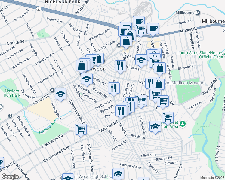 map of restaurants, bars, coffee shops, grocery stores, and more near 243 Long Lane in Delaware County