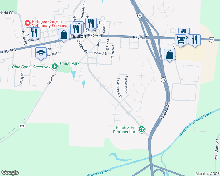 map of restaurants, bars, coffee shops, grocery stores, and more near 161 South High Street in Hebron