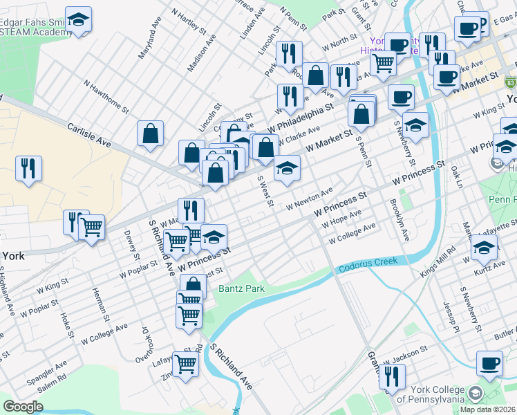map of restaurants, bars, coffee shops, grocery stores, and more near 628 West King Street in York