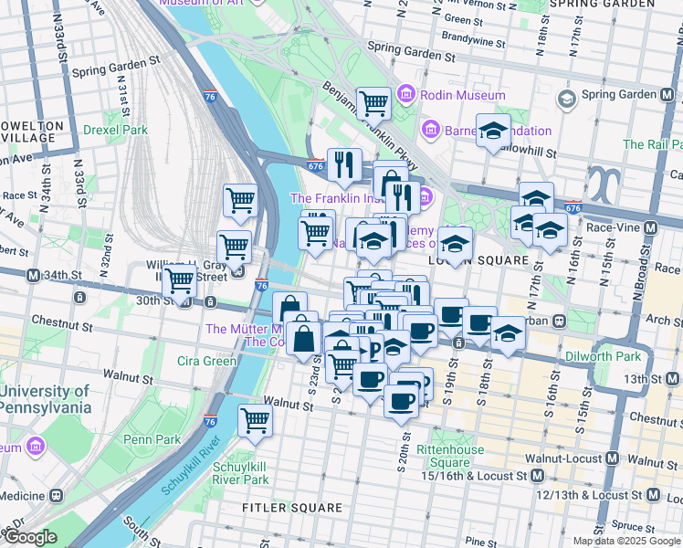 map of restaurants, bars, coffee shops, grocery stores, and more near 2200 Arch Street in Philadelphia