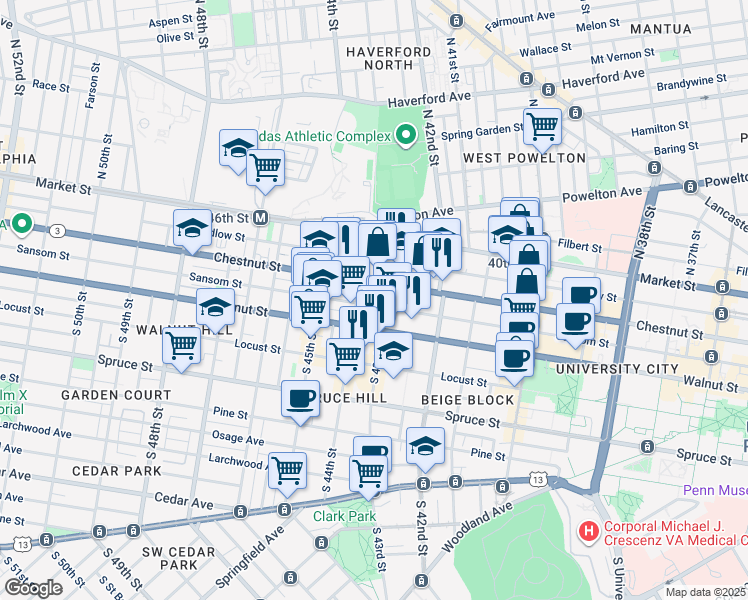 map of restaurants, bars, coffee shops, grocery stores, and more near 4315 Sansom St in Philadelphia