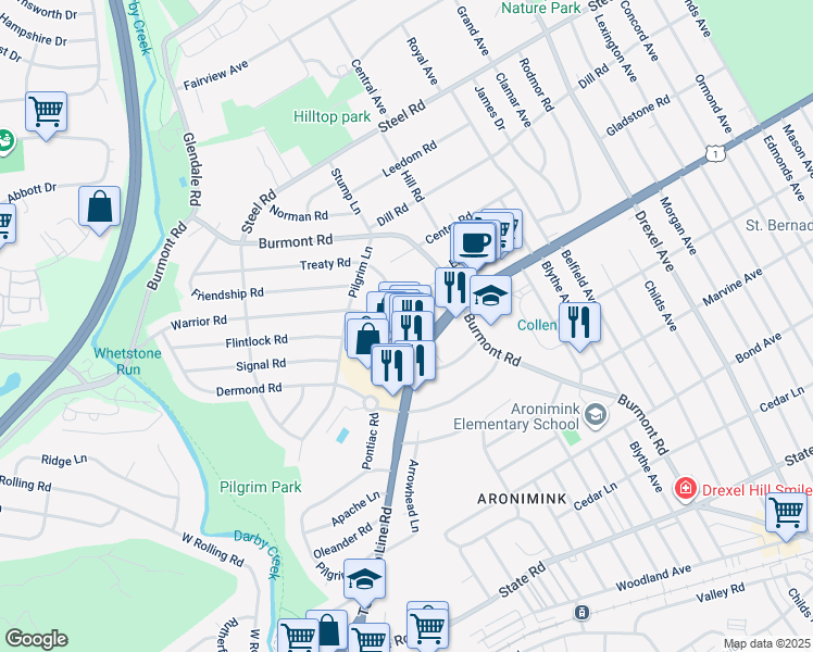 map of restaurants, bars, coffee shops, grocery stores, and more near 57 Warrior Road in Drexel Hill