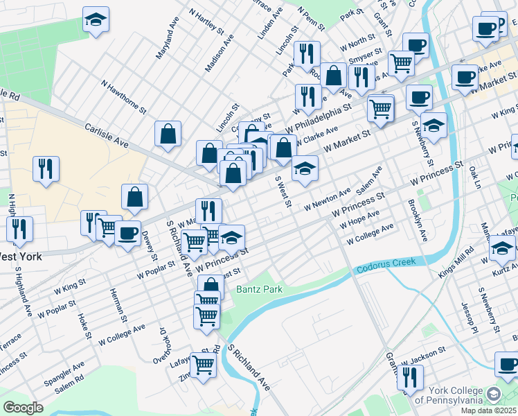 map of restaurants, bars, coffee shops, grocery stores, and more near 574 West Princess Street in York
