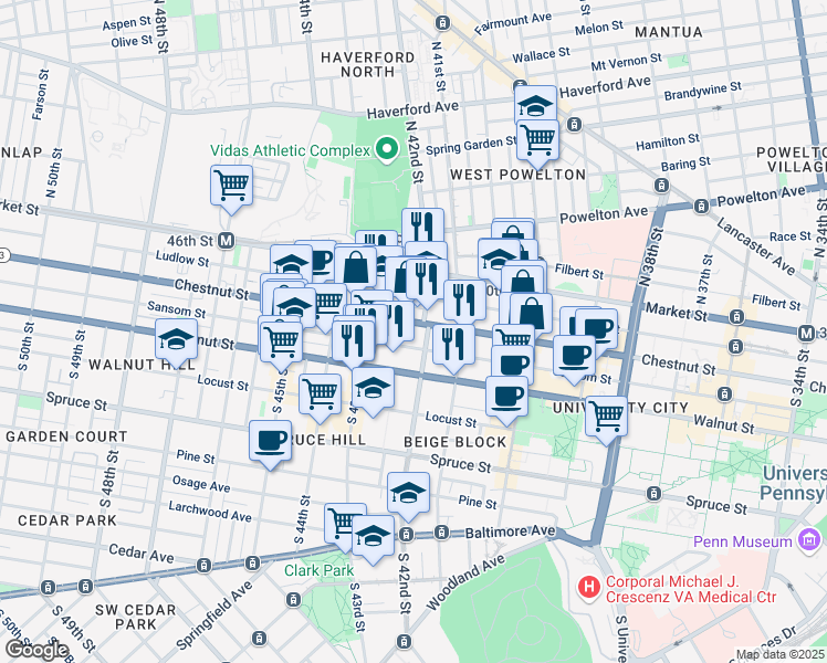 map of restaurants, bars, coffee shops, grocery stores, and more near 4210 Chestnut Street in Philadelphia