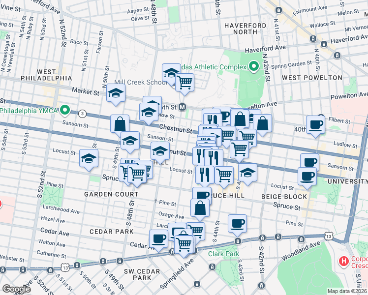 map of restaurants, bars, coffee shops, grocery stores, and more near 4620 Walnut Street in Philadelphia