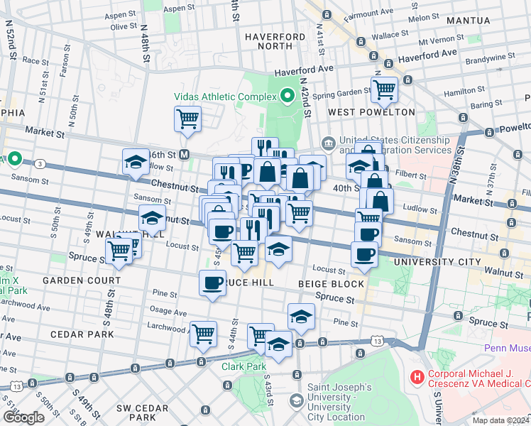 map of restaurants, bars, coffee shops, grocery stores, and more near 4313 Sansom Street in Philadelphia