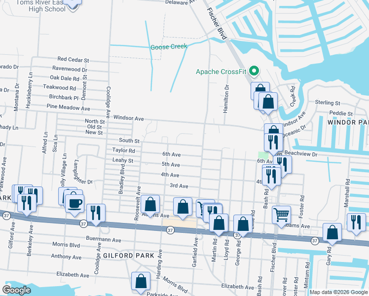 map of restaurants, bars, coffee shops, grocery stores, and more near 2330 6th Avenue in Toms River