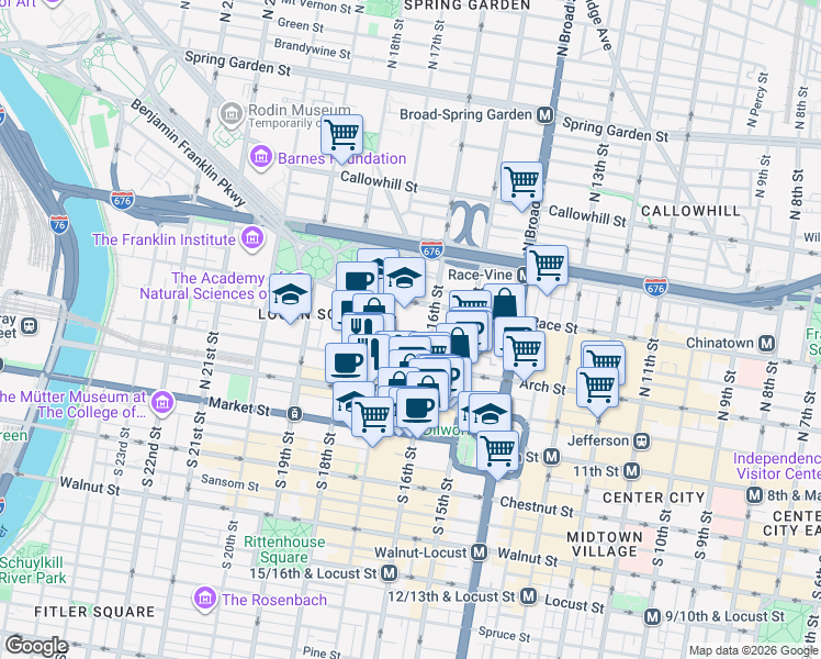 map of restaurants, bars, coffee shops, grocery stores, and more near 1601 Cherry Street in Philadelphia
