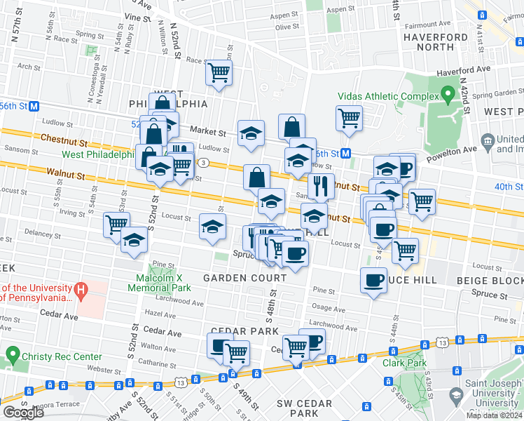 map of restaurants, bars, coffee shops, grocery stores, and more near 4834 Walnut Street in Philadelphia