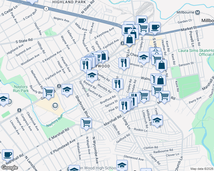 map of restaurants, bars, coffee shops, grocery stores, and more near 215 Wembly Road in Delaware County