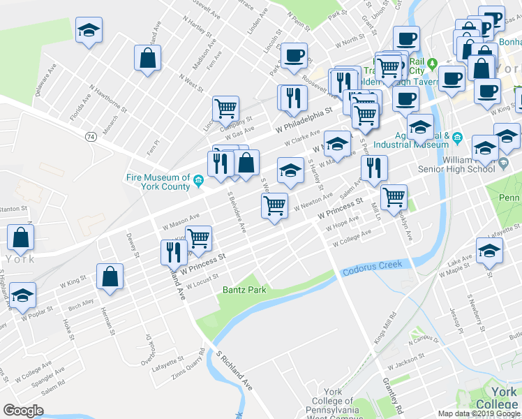 map of restaurants, bars, coffee shops, grocery stores, and more near 612 West King Street in York