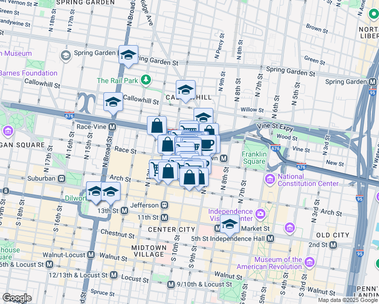 map of restaurants, bars, coffee shops, grocery stores, and more near 1001 Race Street in Philadelphia