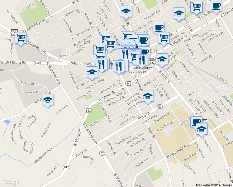 map of restaurants, bars, coffee shops, grocery stores, and more near 349 West Barnard Street in West Chester