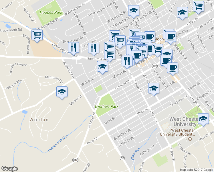 map of restaurants, bars, coffee shops, grocery stores, and more near 11 South Brandywine Street in West Chester