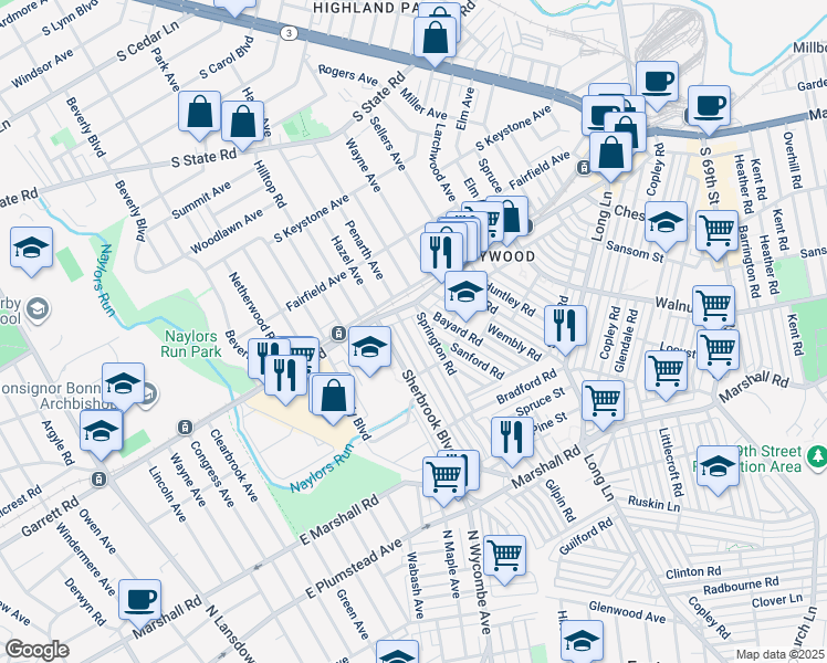 map of restaurants, bars, coffee shops, grocery stores, and more near 355 Margate Road in Upper Darby