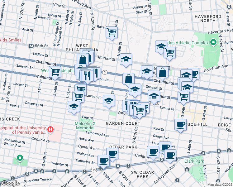 map of restaurants, bars, coffee shops, grocery stores, and more near 4939 Chancellor Street in Philadelphia