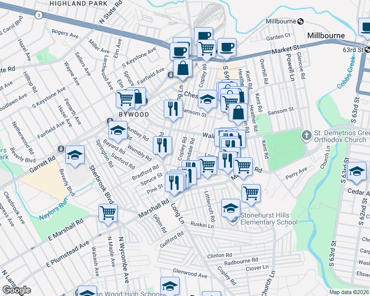 map of restaurants, bars, coffee shops, grocery stores, and more near 265 Copley Road in Delaware County
