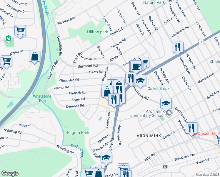 map of restaurants, bars, coffee shops, grocery stores, and more near 68 Warrior Road in Drexel Hill