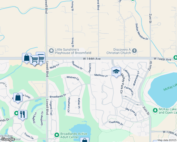 map of restaurants, bars, coffee shops, grocery stores, and more near 3108 Shannon Drive in Broomfield