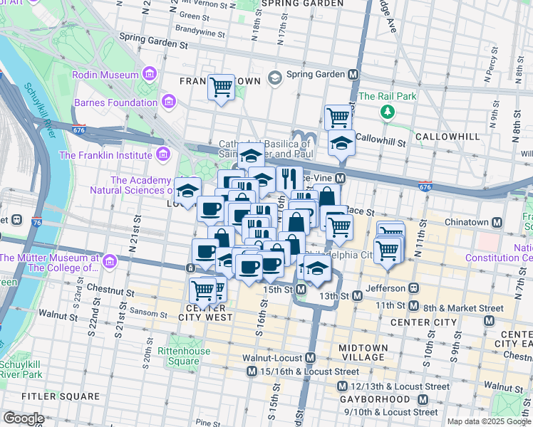 map of restaurants, bars, coffee shops, grocery stores, and more near 1601 Cherry Street in Philadelphia