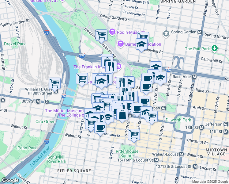 map of restaurants, bars, coffee shops, grocery stores, and more near 2025 Arch Street in Philadelphia