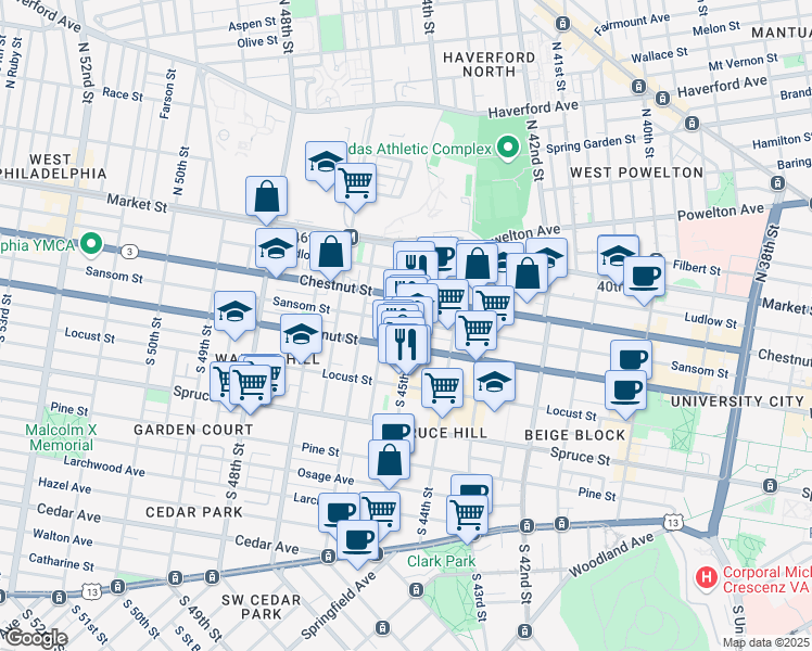 map of restaurants, bars, coffee shops, grocery stores, and more near 126 South 45th Street in Philadelphia