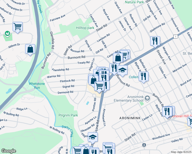 map of restaurants, bars, coffee shops, grocery stores, and more near 68 Warrior Road in Drexel Hill