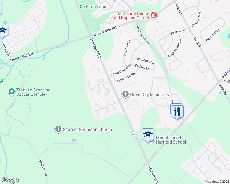 map of restaurants, bars, coffee shops, grocery stores, and more near 262B Everly Court in Mount Laurel Township