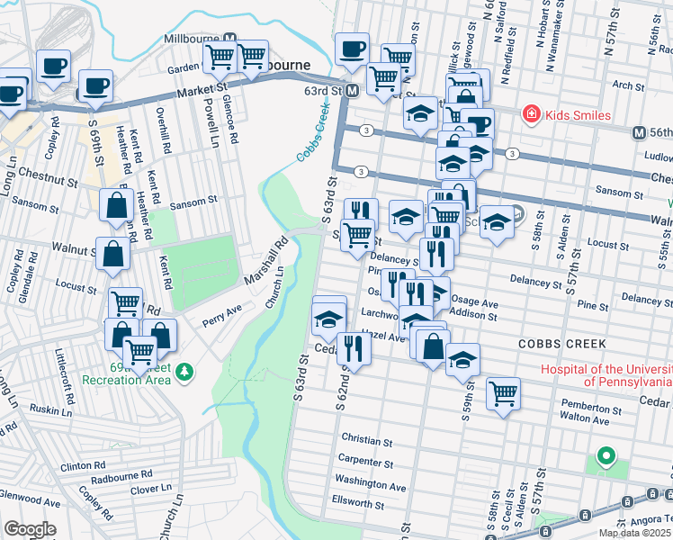 map of restaurants, bars, coffee shops, grocery stores, and more near 6240 Pine Street in Philadelphia