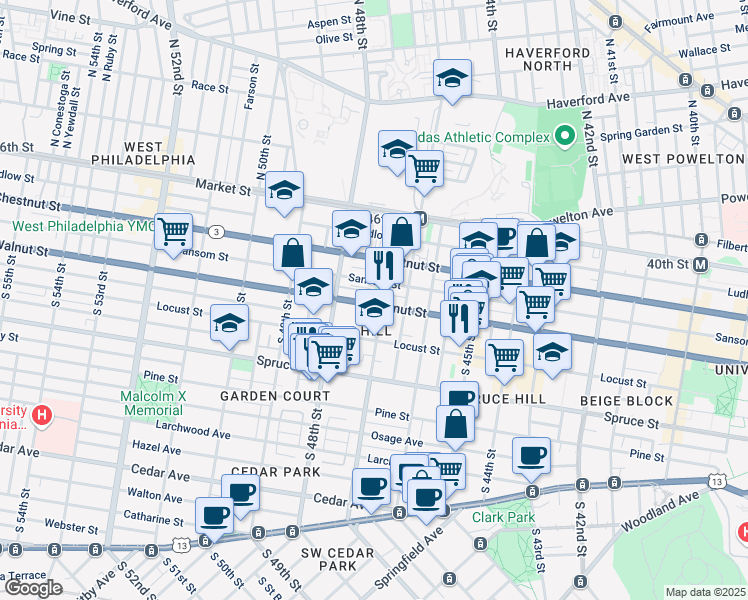 map of restaurants, bars, coffee shops, grocery stores, and more near 4701 Walnut Street in Philadelphia