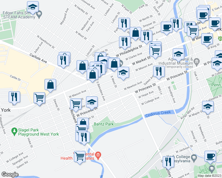 map of restaurants, bars, coffee shops, grocery stores, and more near 610 West King Street in York