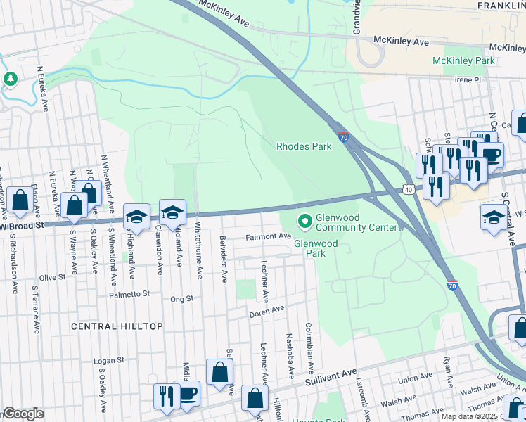 map of restaurants, bars, coffee shops, grocery stores, and more near 1960 West Broad Street in Columbus