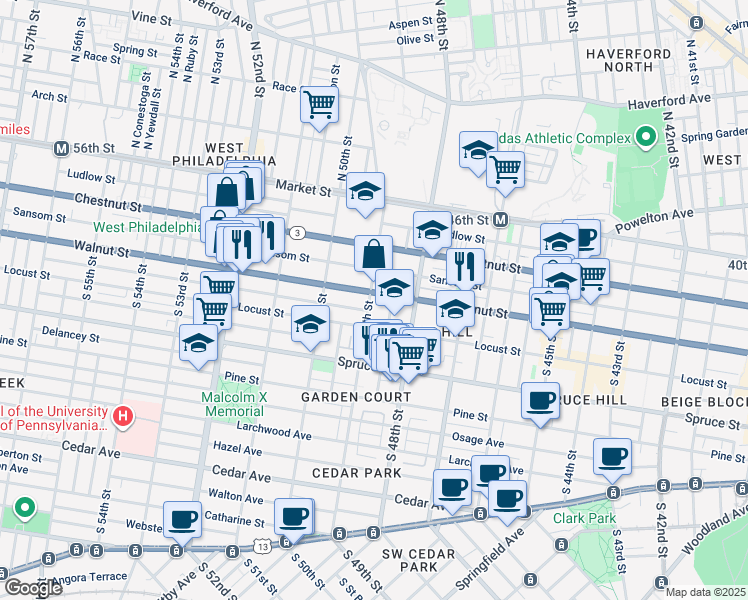 map of restaurants, bars, coffee shops, grocery stores, and more near 4844 Walnut Street in Philadelphia