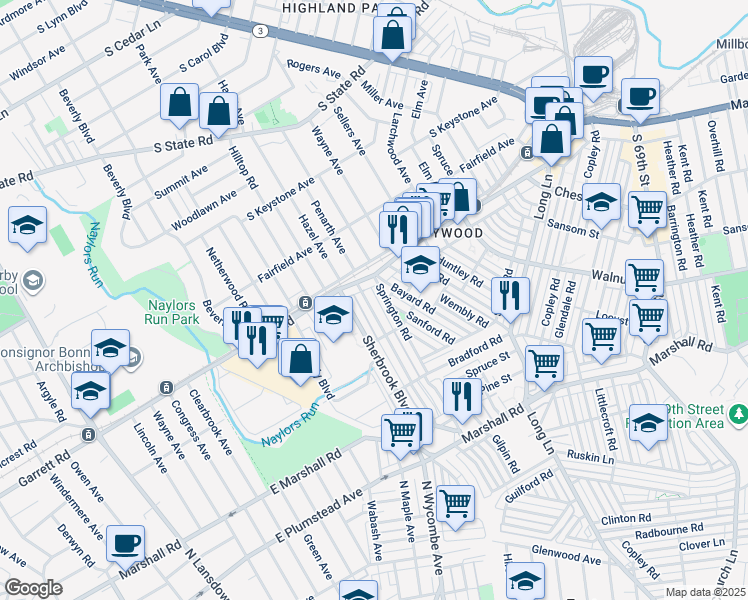map of restaurants, bars, coffee shops, grocery stores, and more near 355 Margate Road in Upper Darby